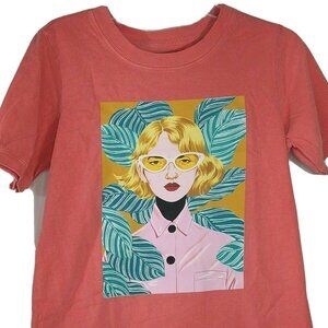 Bijou Karman Graphic T-Shirt Ribbed Hem Women Size XS Pink Salmon Short Sleeve
